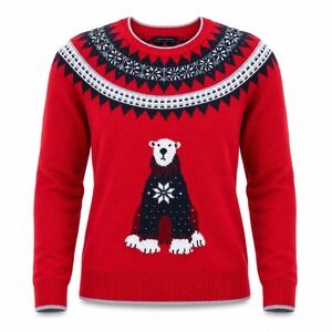 Tommy Hilfiger Womens Sweater L Cotton Red Polar Bear Fair Isle Holiday Winter